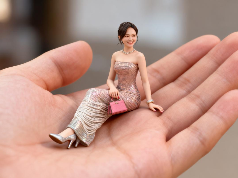 一只手掌托举着精致微缩3D人偶 一只手掌托举着精致微缩3D人偶