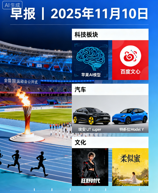 早报|全运会开幕;苹果推万亿参数模型;京东国民好车 4.99 万起|2025年11月10日 早报|全运会开幕;苹果推万亿参数模型;京东国民好车 4.99 万起|2025年11月10日