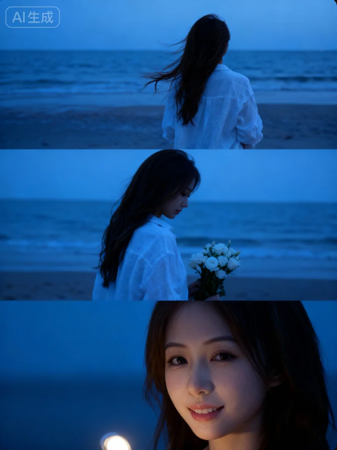 一键生成电影感三帧蓝时海滩场景 一键生成电影感三帧蓝时海滩场景