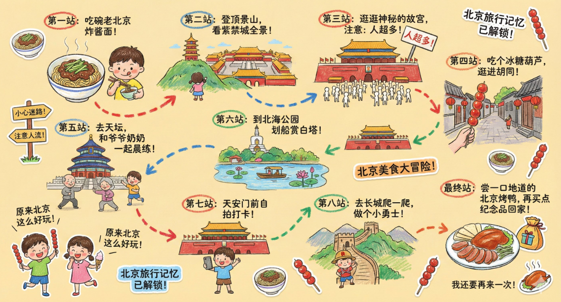 用「儿童蜡笔旅行手账提示词」一键生成城市旅行插画 用「儿童蜡笔旅行手账提示词」一键生成城市旅行插画