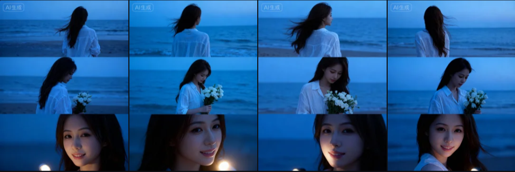 一键生成电影感三帧蓝时海滩场景