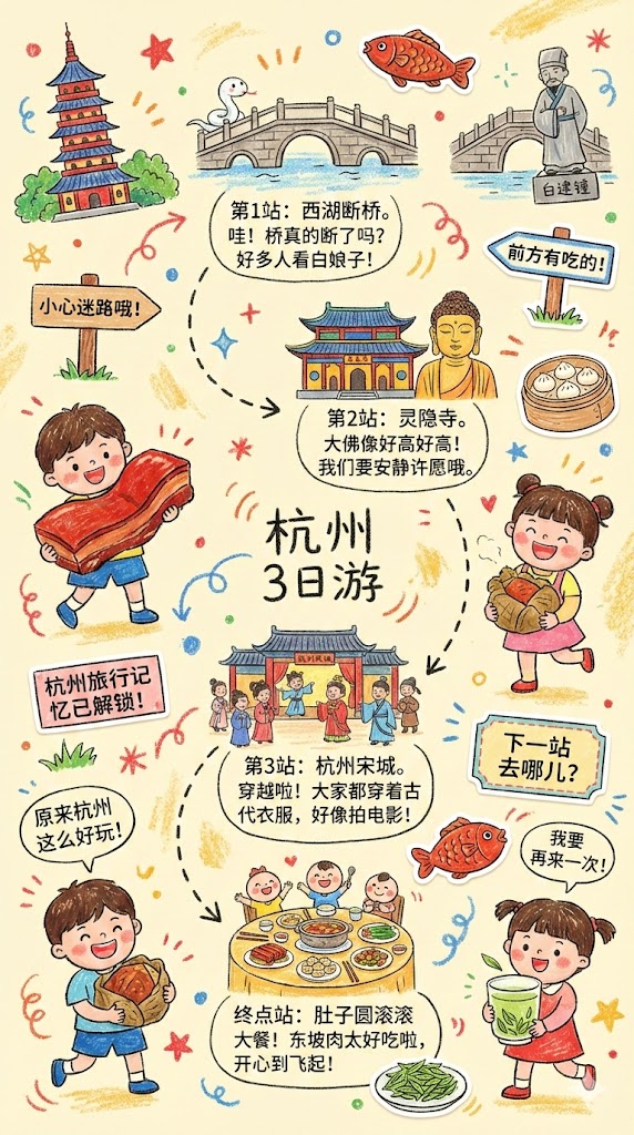 用「儿童蜡笔旅行手账提示词」一键生成城市旅行插画