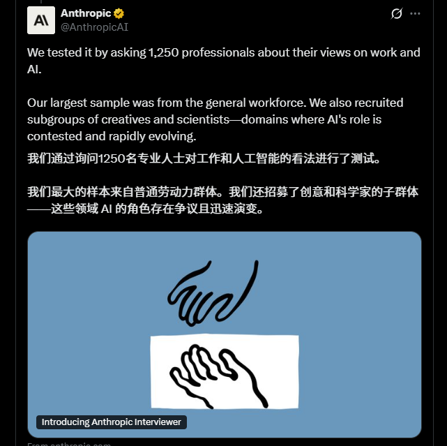 Anthropic用AI当面试官，采访了1250 名职场人士