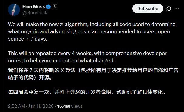 马斯克再次放大招：X 平台（推特）算法将全面开源