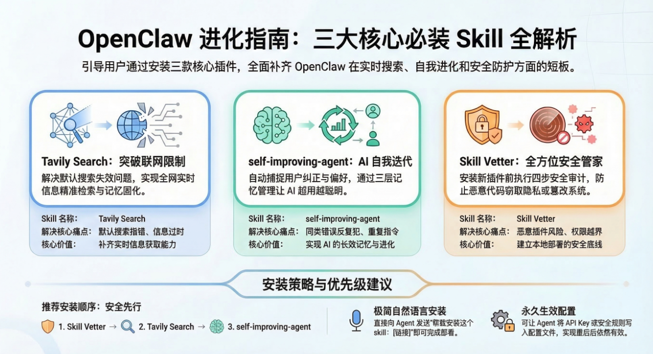 全面提升OpenClaw用户体验的三款必装Skills：实时信息获取、自我进化迭代、安全风险防控